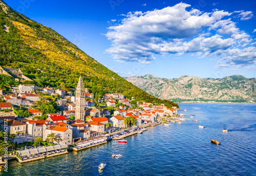 Perast, Montenegro. Aerial drone view Bay of Kotor