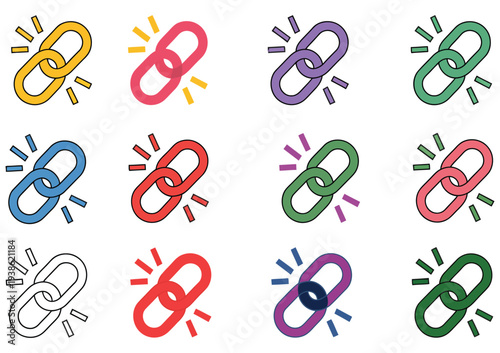 linear link icon, unlink symbol set, startup business vector, website interface elements, mobile application icons, connectivity and disconnection graphic, color variations vector pack, flat design li