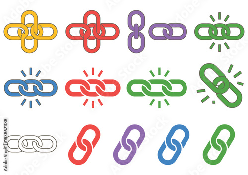 linear link icon, unlink symbol set, startup business vector, website interface elements, mobile application icons, connectivity and disconnection graphic, color variations vector pack, flat design li