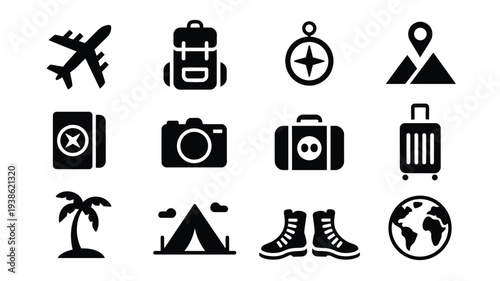 Travel and adventure icons including airplane backpack compass and luggage on white background for design and travel concepts