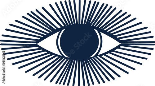 A geometric eye emblem, navy blue on white background, with radiating lines