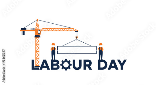 Labour Day icon with construction workers and crane vector