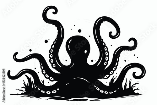 Isolated silhouette of a bizarre alien monster featuring many tentacles on white