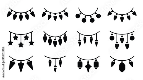 Black vector illustration set featuring various festive hanging decorations and garlands for party or holiday design