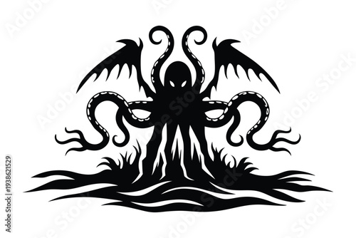 Outline of a spooky alien monster with long tentacles, isolated on white, vector art