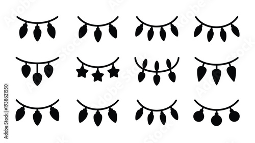 Collection of modern festive mistletoe icons in black silhouette on white background for christmas decoration