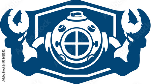 A stylized diver's helmet design enclosed by a shield and flanking claws