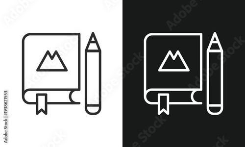 Minimalist Line Art Sketchbook and Pencil Icon, Creative Design, Education, and Content Creation Vector Graphics for Light and Dark Modes