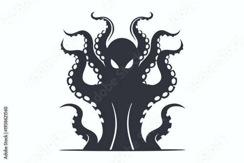 Eerie alien monster shape in silhouette, many tentacles, vector art on white