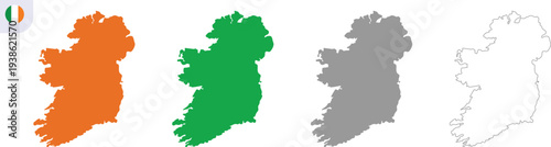 Ireland Map Vector Illustration 4 Variation Set with Red, Green, Gray and Outline Country Silhouette Shapes Isolated on Transparent Background, Hand Made Geography Design, AI EPS10 JPG PNG