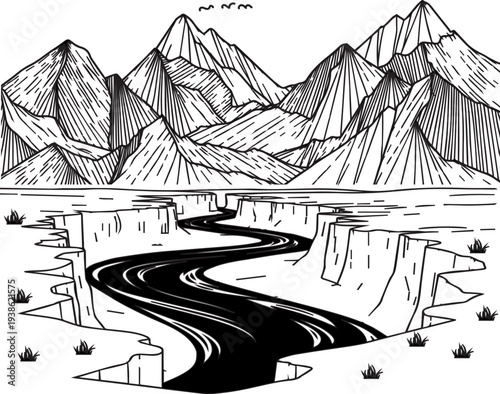 Black & White Mountain River Landscape Vector – Monochrome Nature Illustration