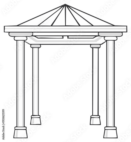 Outline drawing of a classical gazebo with a pointed roof and four columns.