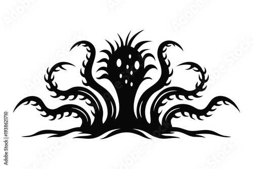 A dark, stylized silhouette of an alien creature with numerous tentacles, vector