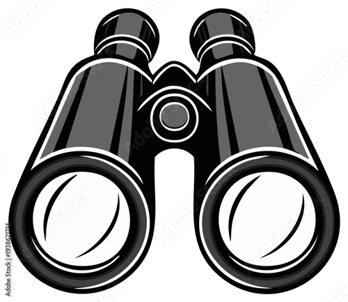 Close up illustration of black binoculars with polished lenses for observation and exploration