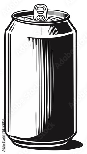 Retro illustration of an aluminum soda beverage can with pop-top in black and white.