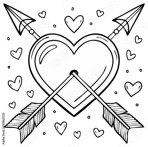 Hand-drawn illustration of a heart pierced by cupid's arrows surrounded by small hearts and dots