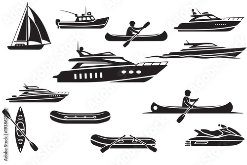 Boats and Watercraft Icon Set: Vector Symbols for Marine Travel, Sports, and Luxury Yachts