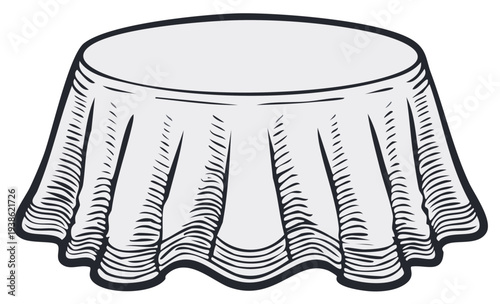 Illustration of a round table with a draped tablecloth for dining or decoration.