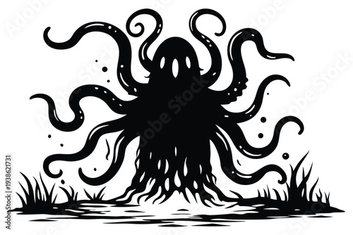 Minimalist vector illustration of a multi-tentacled alien monster silhouette