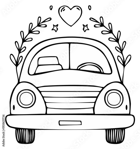 Line art car illustration with heart and floral wreath for wedding or romantic journey coloring book activity