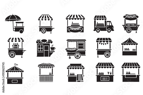 Street Food Cart and Vendor Stall Icon Set: Vector Symbols for Mobile Catering and Markets