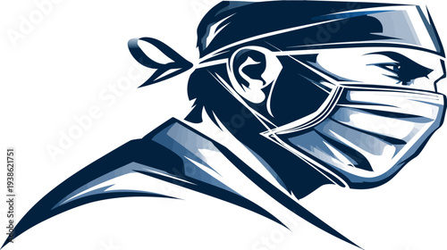 A stylized profile of a person in a surgical cap and mask, rendered in shades of blue
