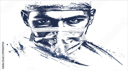 A striking brushstroke illustration of a person wearing a medical mask and cap