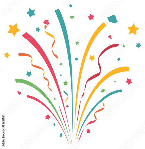 Party Popper Exploding with Bright Ribbons Stars and Confetti