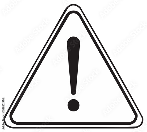 Simple black and white danger warning sign of triangle containing exclamation mark to signify caution, potential hazard or safety concern
