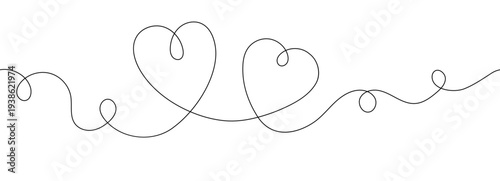 Single line heart border with two overlapping hearts and swirling curls. Minimal continuous line love divider for romantic cards, wedding invitations and Valentine decoration.