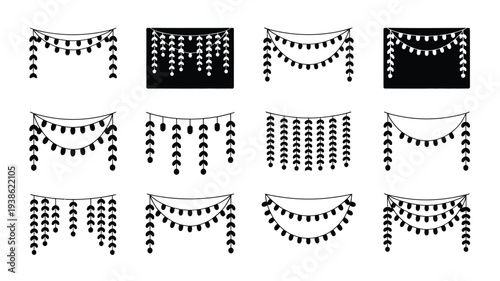 Collection of modern vector illustrations of various hanging decorative garlands and festive light strings in black and white