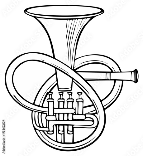 Line Art Drawing of a Mellophone Musical Instrument with Valves and Bell
