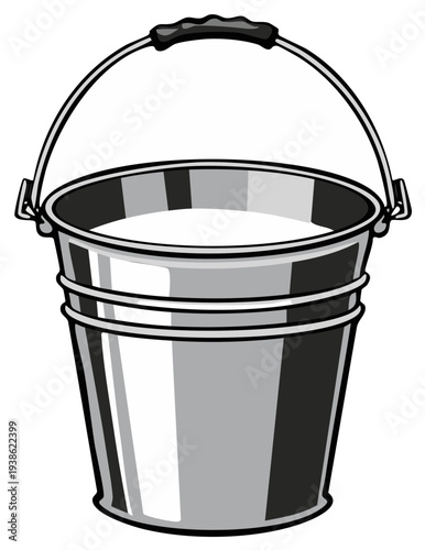 A simple metal pail filled with a white liquid and featuring a sturdy black handle for carrying.