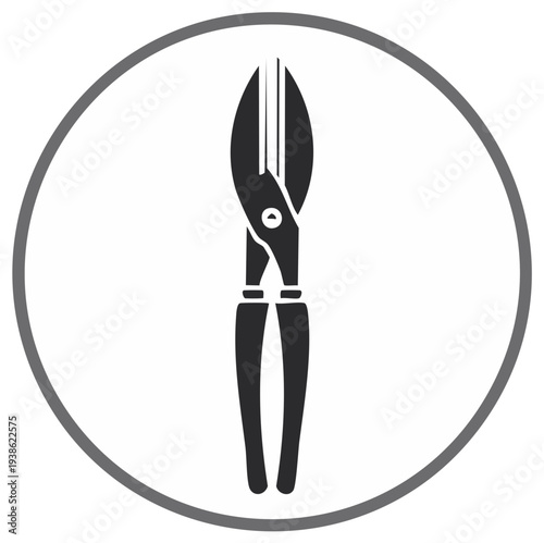 Black silhouette shears in circle for metal cutting or hedge trimming, gardening tool, vector illustration.