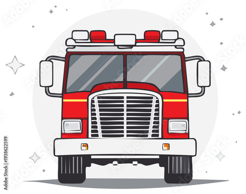 Front view of a bright red fire engine truck with flashing emergency lights and chrome grille