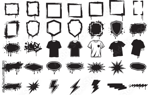 Grunge frame badge label shapes and t shirt silhouette vector set with lightning bolt and graffiti spray elements