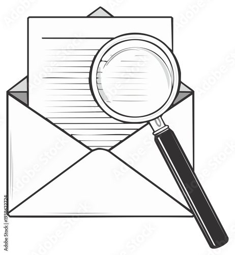 Magnifying glass examining a letter inside an open envelope black and white illustration