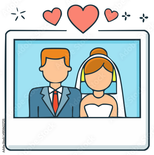 Cartoon Wedding Photo with Hearts and Stars Celebrating Couple