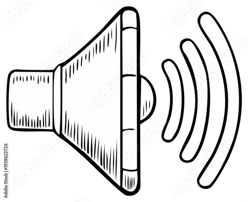 Hand Drawn Audio Speaker Icon Emitting Sound Waves With Hatch Mark Shading