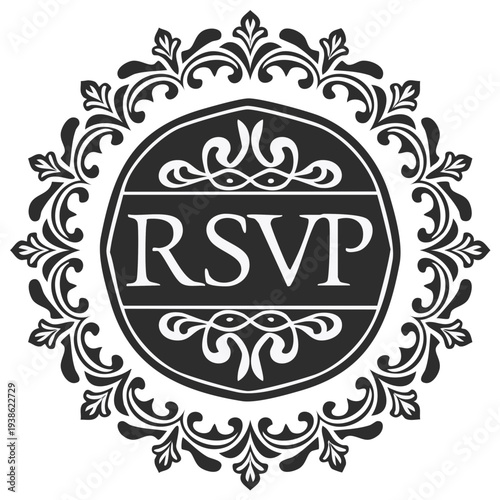 Elegant RSVP invitation design with ornate floral frame, black and white