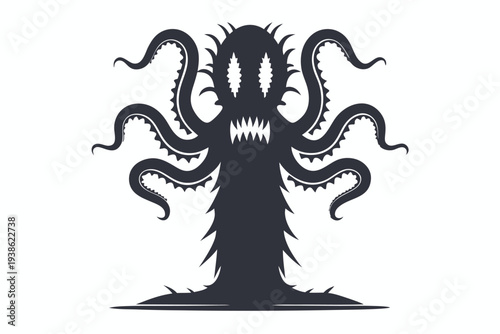 Eerie Alien Monster Silhouette with Tentacles, Dark Vector Graphic