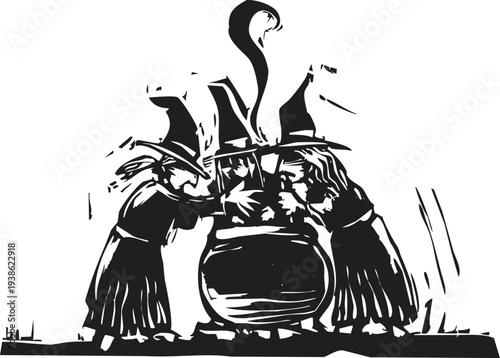Woodcut style image of three witches by a bubbling cauldron.