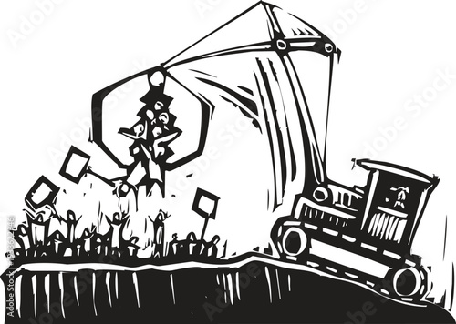 Woodcut style image of a crane gathering up protesters.
