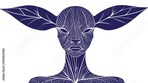 A dark blue illustration of a creature with leaf-like ears, detailed lines, and human-like facial features