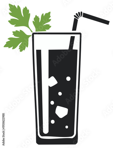 Black and white illustration of a tall glass of dark juice with ice and a garnish of parsley and a straw