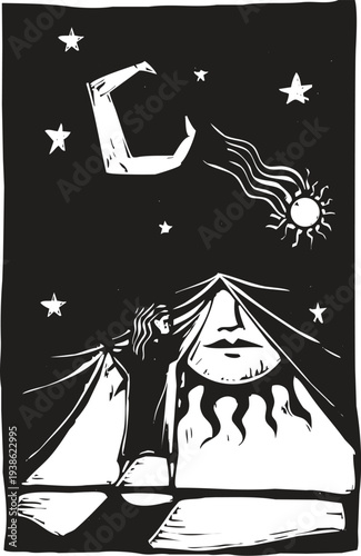 Woodcut style image of a girl lifting the curtain of the sun to see the night behind it. 