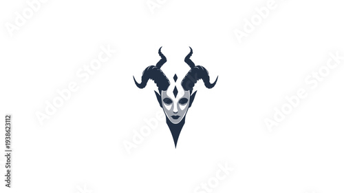 A stylized dark illustration featuring a horned humanoid head against a white backdrop