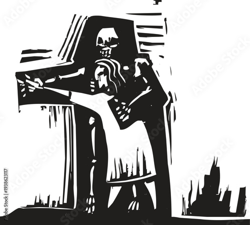 Woodcut style image of a woman dancing with death