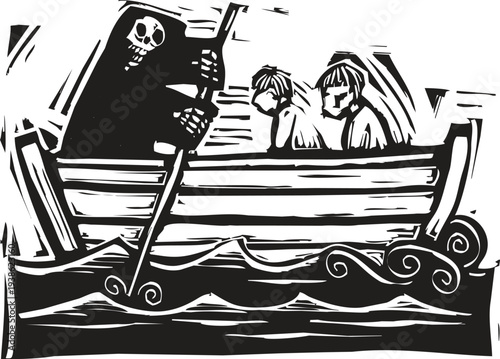 Woodcut style image of death teh ferryman rowing the dead across the river styx in the underworld.