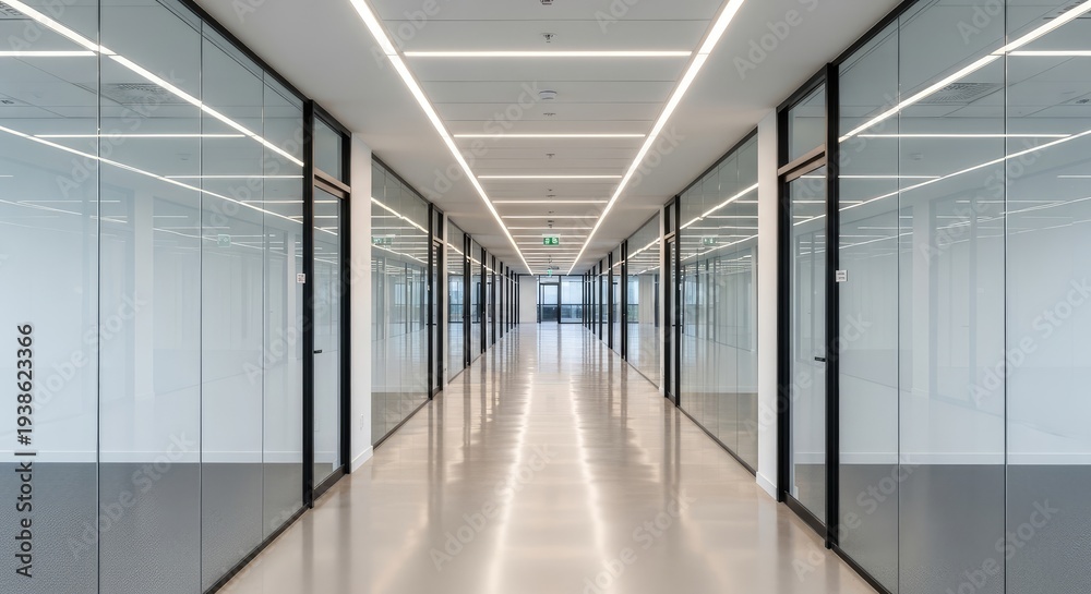 Fototapeta premium Modern, empty office hallway with glass walls and bright overhead lighting, leading to a distant exit.